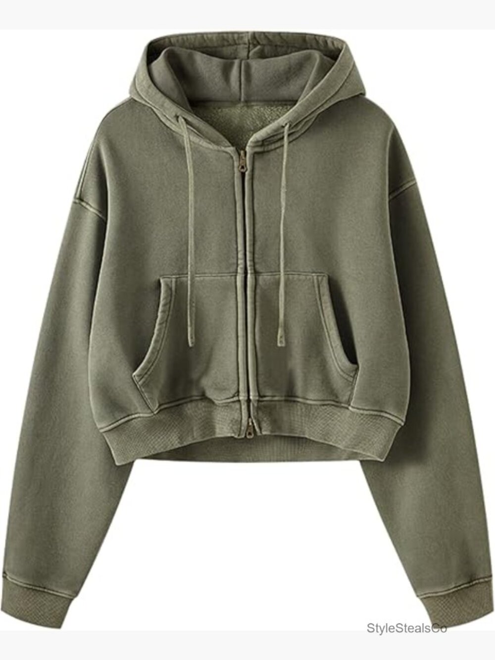 Cropped Zip-Up Hoodie, Acid Wash Double Zipper Sweatshirt, Recycled Material